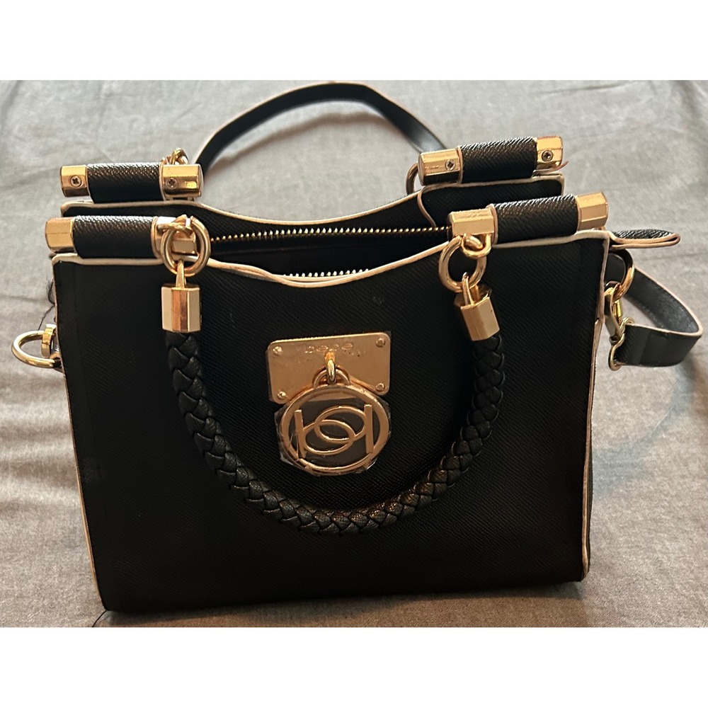 Bebe Black Saffiano Crossbody Satchel Bag Braided Handle Gold Logo Medallion